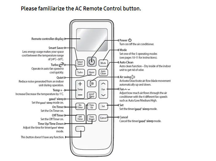 samsung air conditioner manual remote control